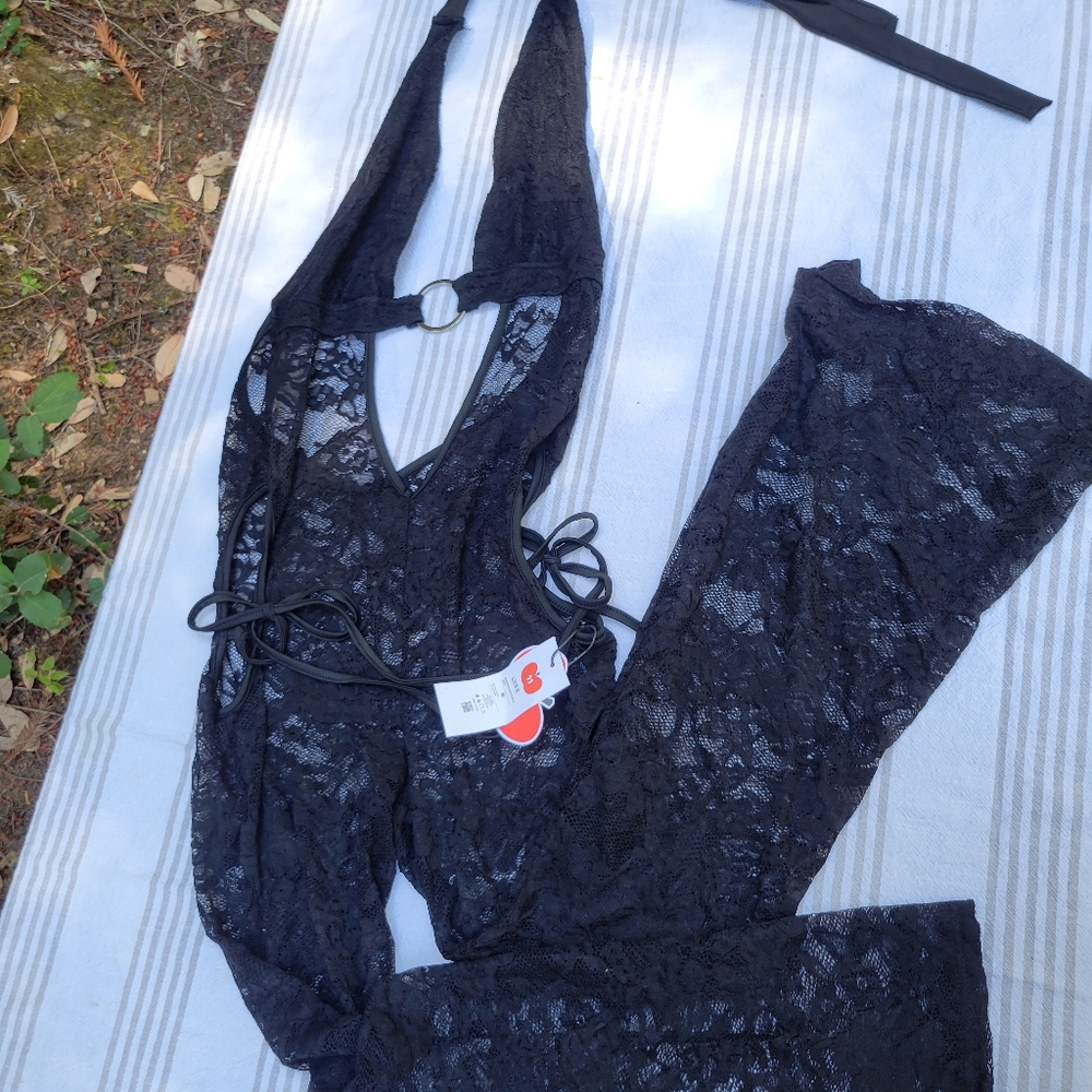 Halter Lace Flared Jumpsuit
